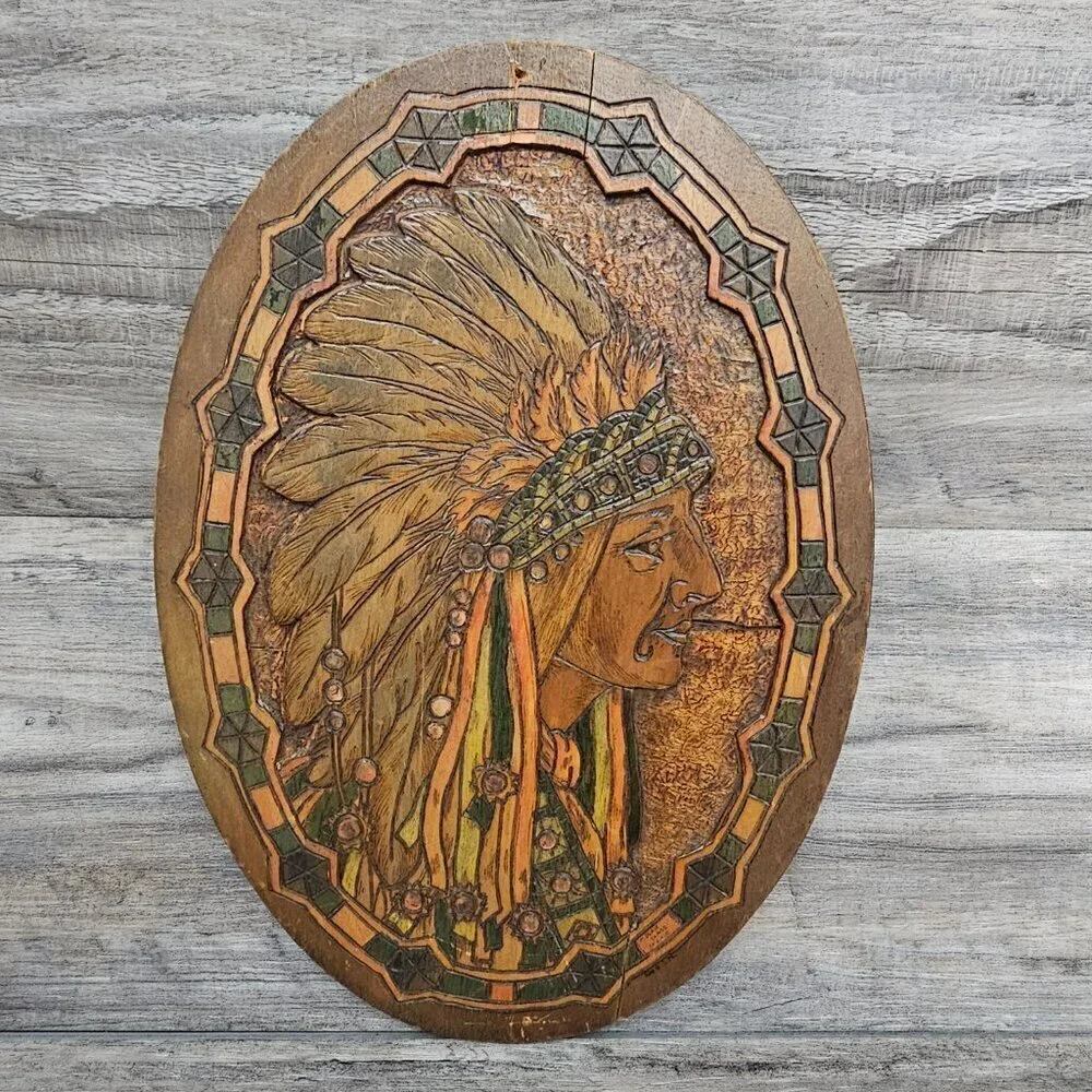Flemish Wood Carved Mosaic Glass Inlay Native American Oval Photography Art Work